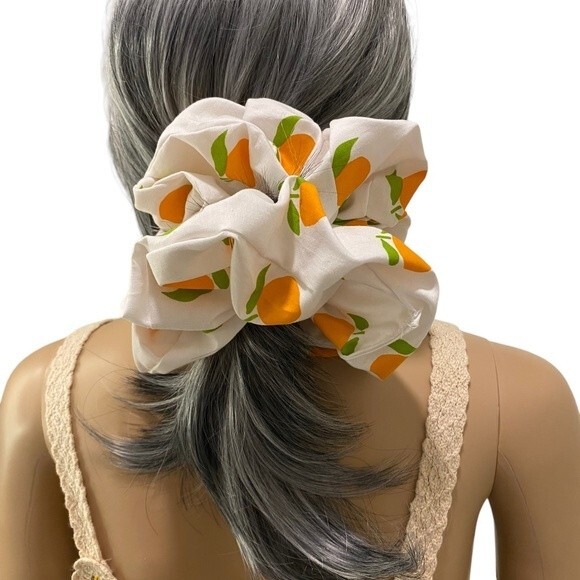 Hair Scrunchie. Multicolor. XL. Orange Fruit Print. Resortwear. Tropical. Cute. - Picture 1 of 9